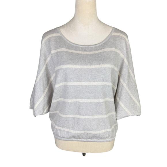 Beyond Vintage Gray Knit White Stripe Silver Sparkle Short Dolman Sleeve Sweater - Picture 1 of 12